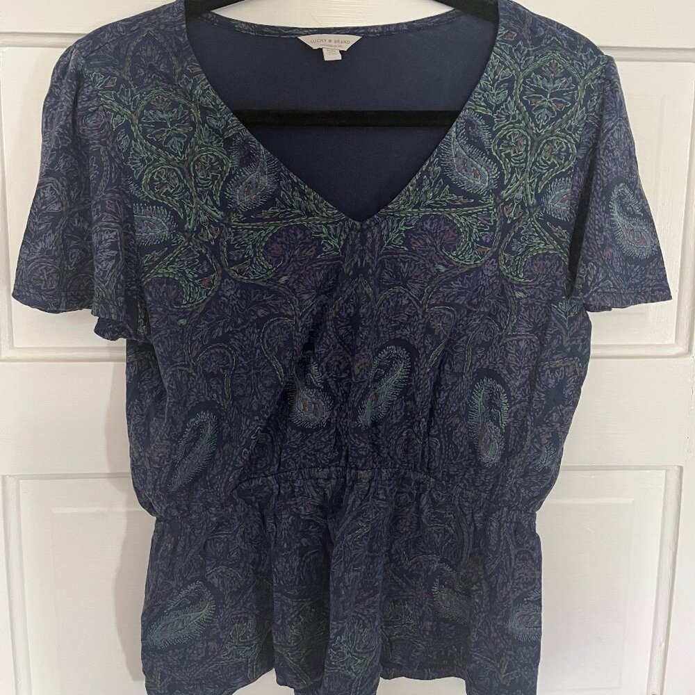 Lucky Brand Blue Paisley Patterned Short Sleeve Peplum Top